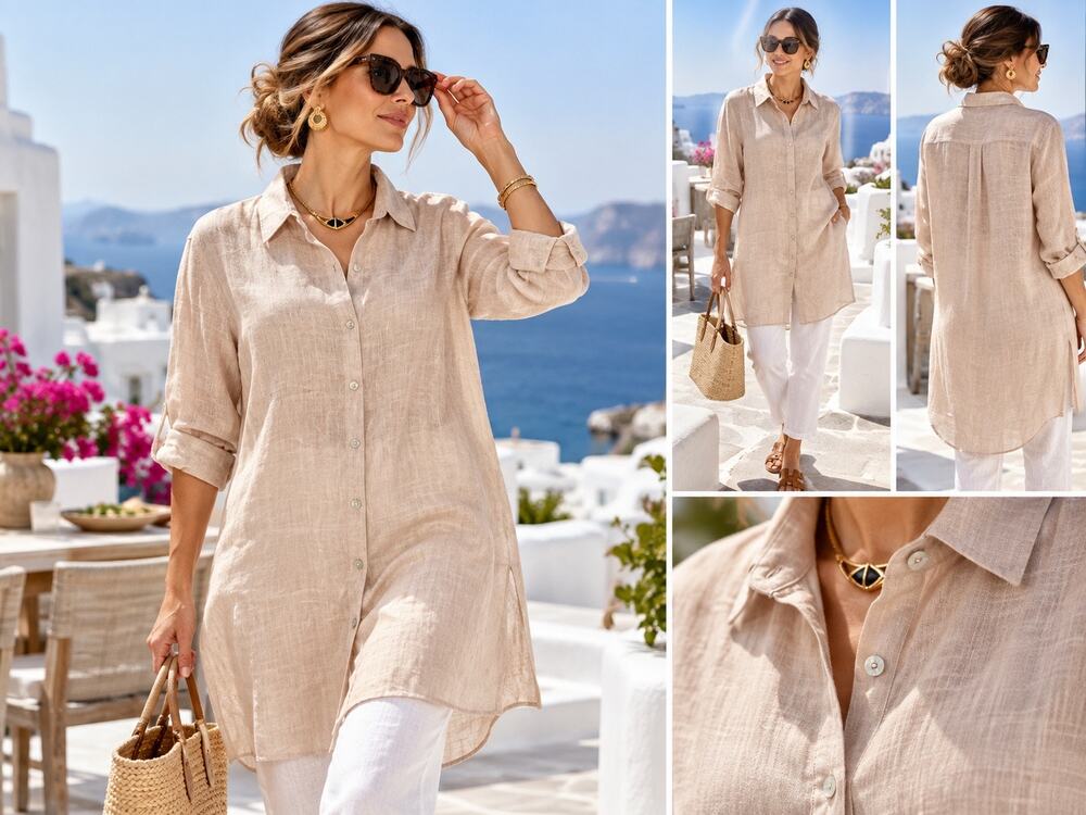 Tahari 100% Linen Blush Pink Long Tunic Shirt Dress Size L